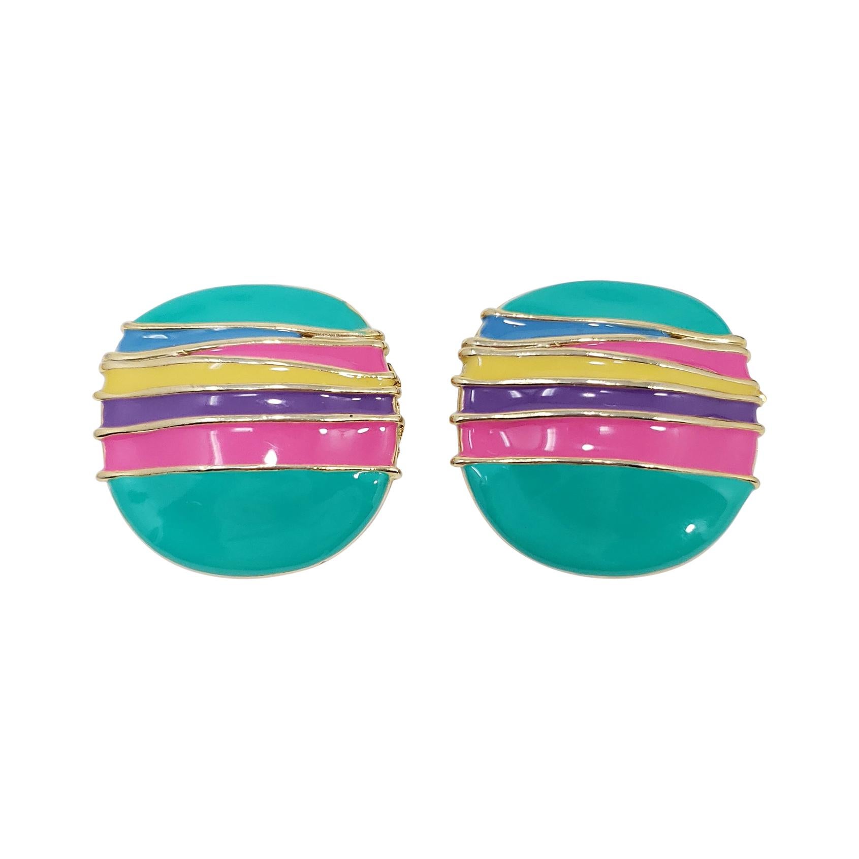 Gold Retro Hippie Clip On Earrings, Turquoise Yellow and Hot Pink Enamel