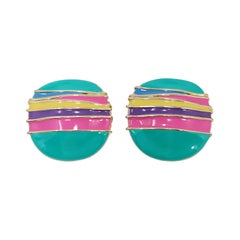 Gold Vintage Hippie Clip On Earrings, Turquoise Yellow and Hot Pink Enamel