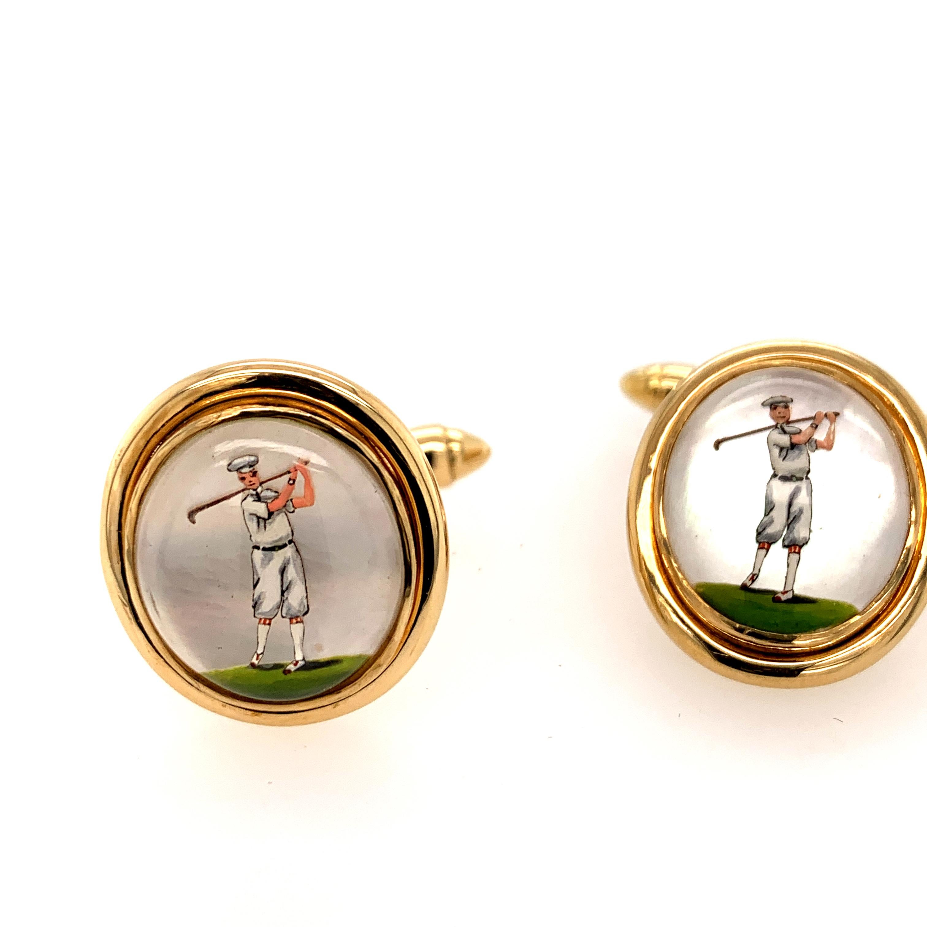 Women's or Men's Gold Reverse Crystal Golf Cufflinks For Sale