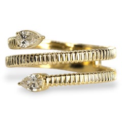 14K Yellow Gold Ribbed Spiral Ring with Pear-Shaped Diamonds