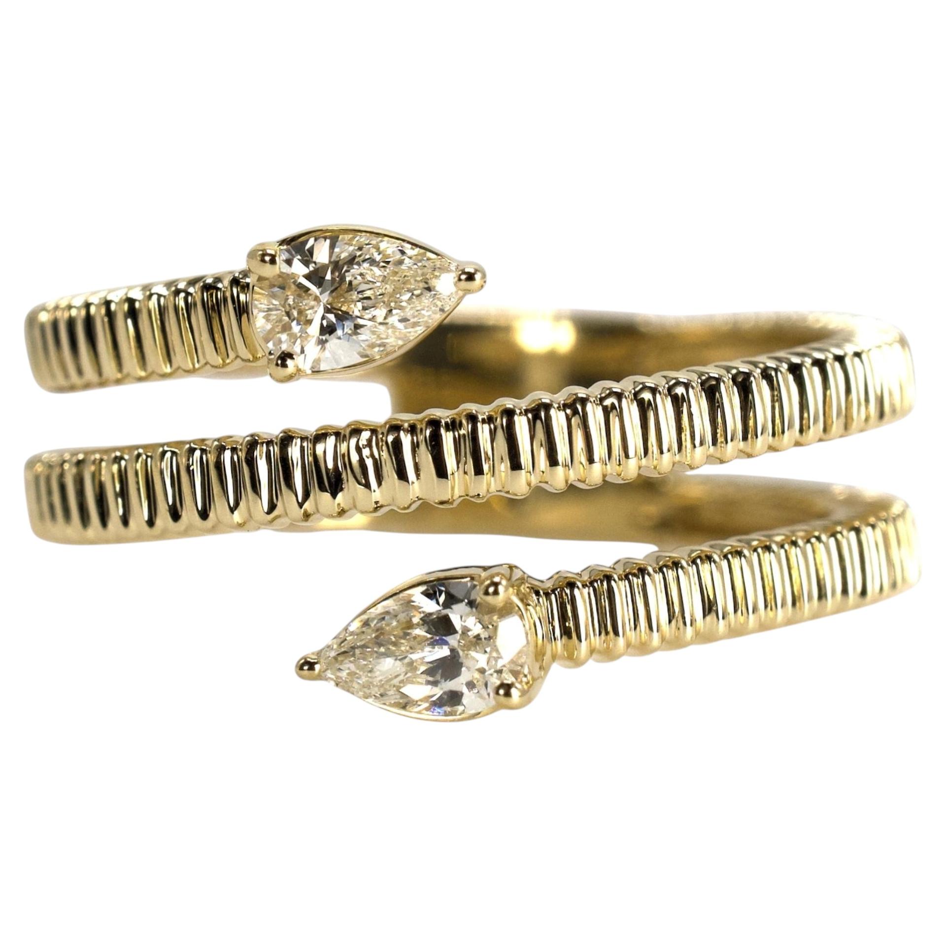 14K Yellow Gold Ribbed Spiral Ring with Pear-Shaped Diamonds