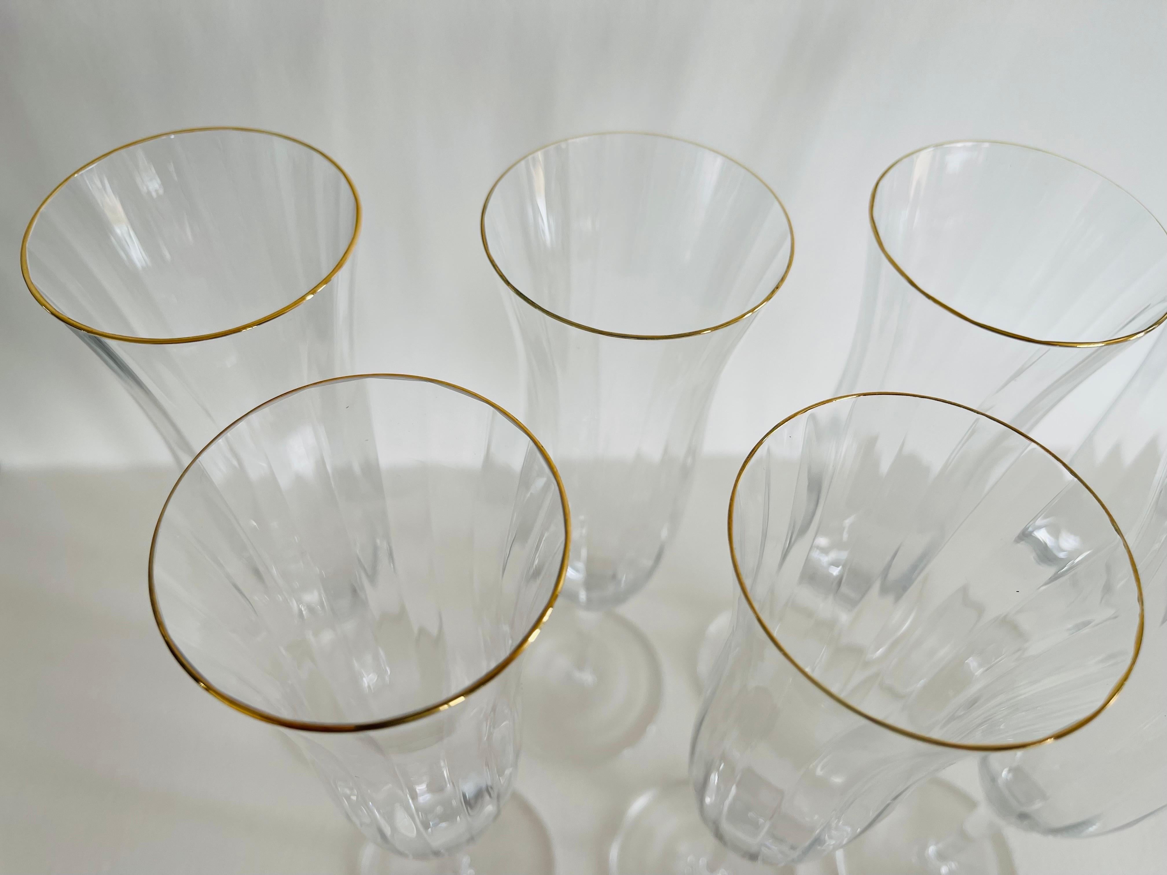 Mid-Century Modern Gold Rim Champagne Glass Flutes, Set of 7 For Sale