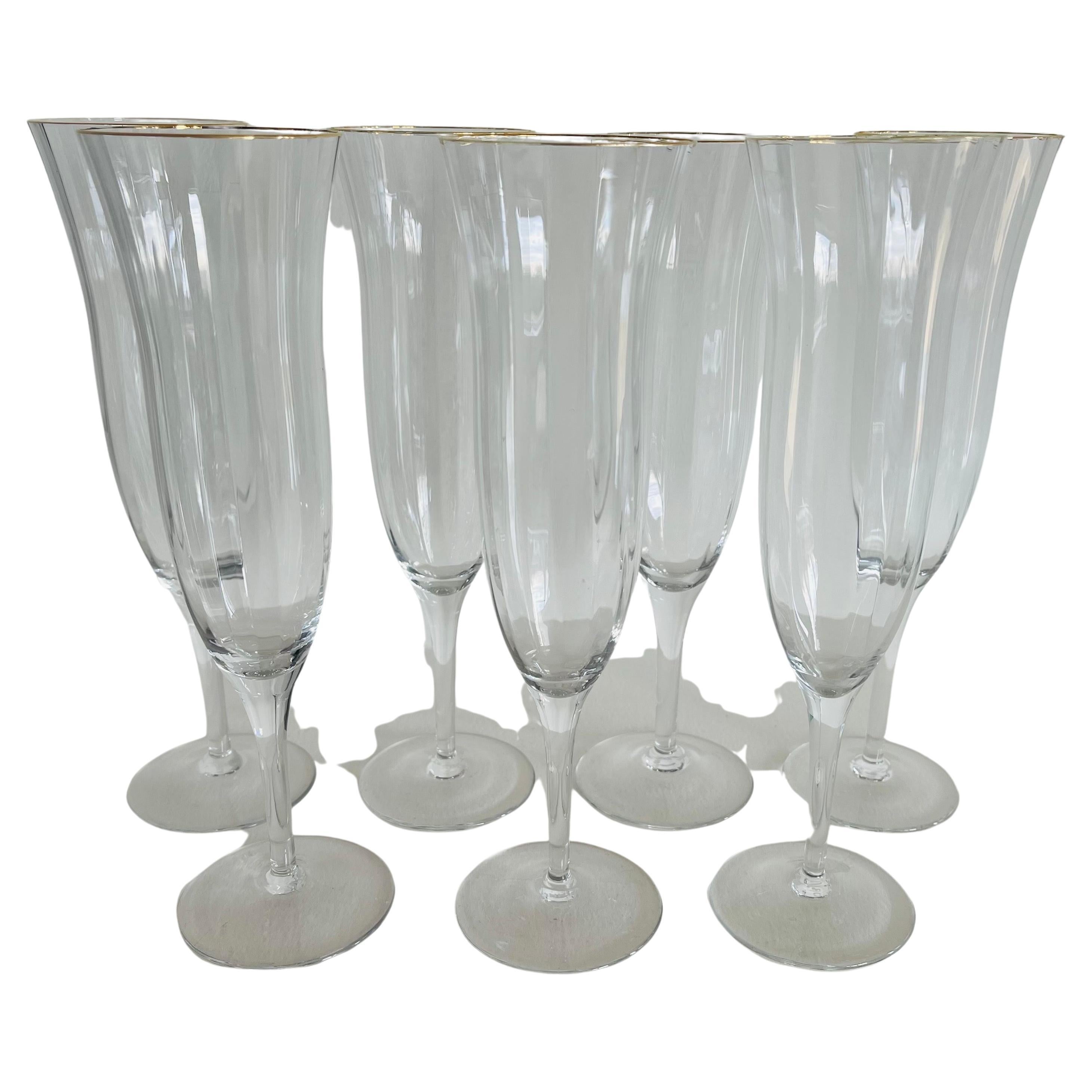 Gold Rim Champagne Glass Flutes, Set of 7 For Sale