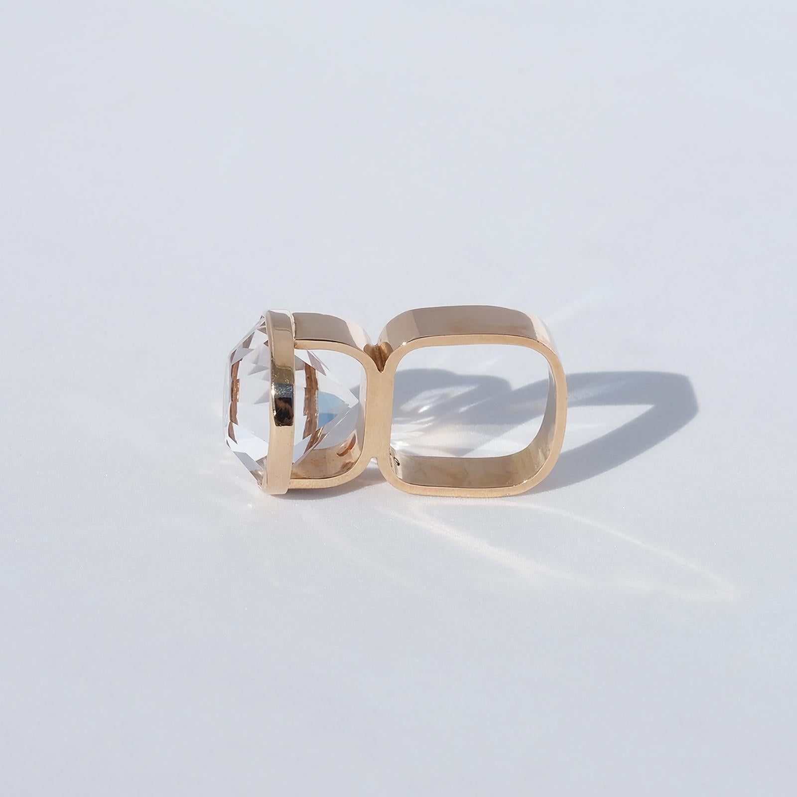 This luxurious 18 karat gold ring has a very unusual shape with its square shaped shank and its large brilliant cut rock crystal shown in cross section.

This is a ring perfect for coctail partys and social gatherings in general.

Did you know