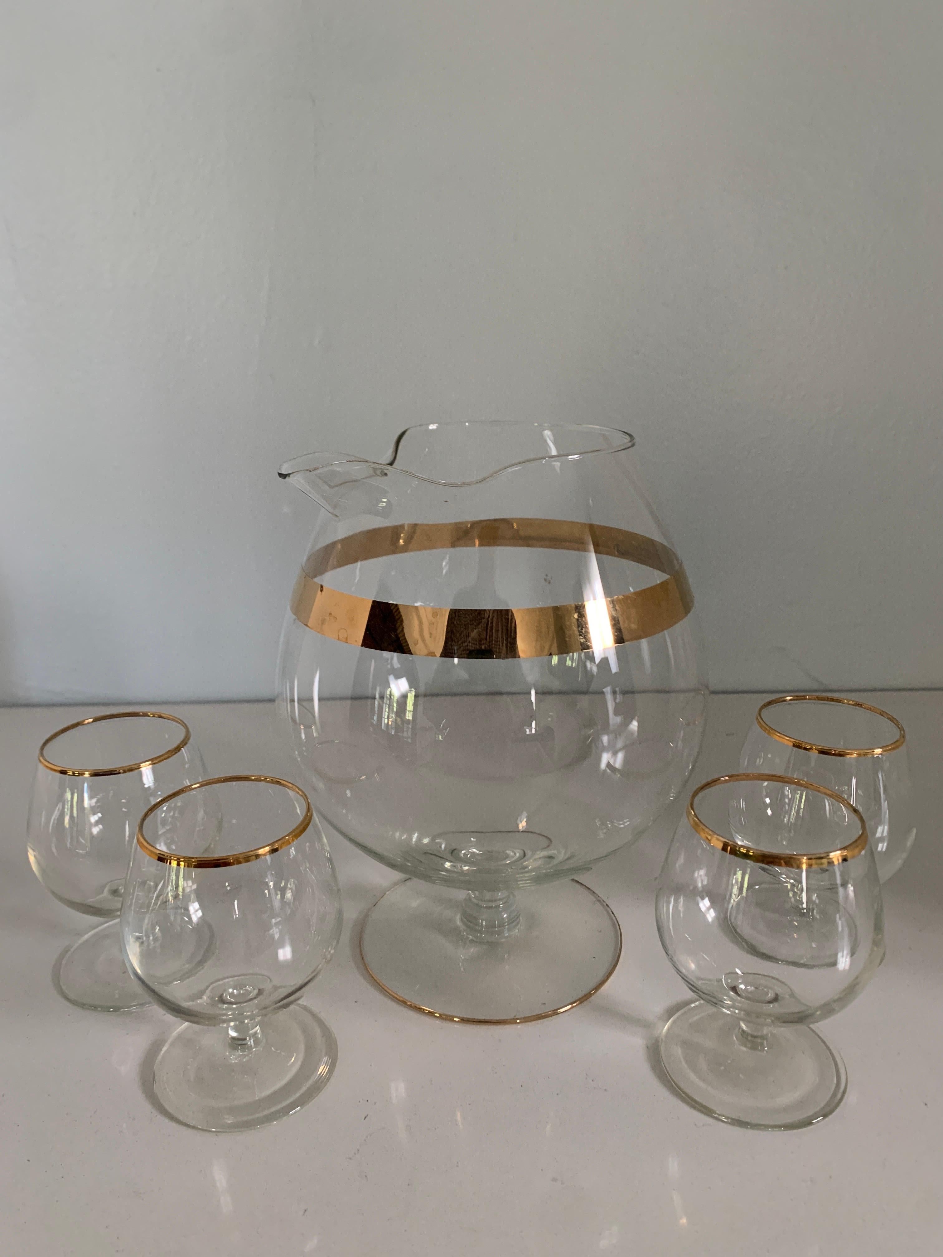 French Gold Ring Dorothy Thorpe Brandy Pitcher and Brandy Snifters