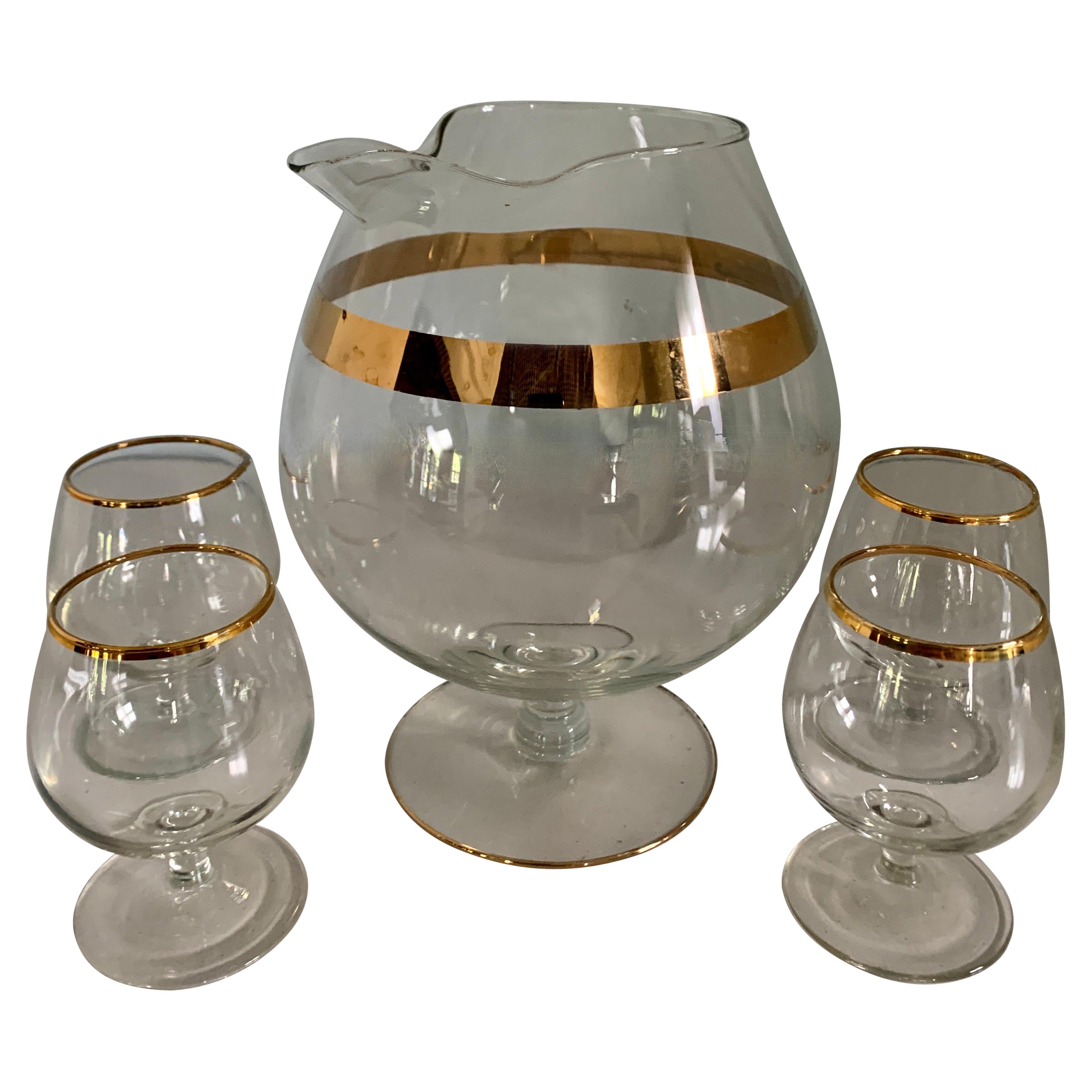 Gold Ring Dorothy Thorpe Brandy Pitcher and Brandy Snifters