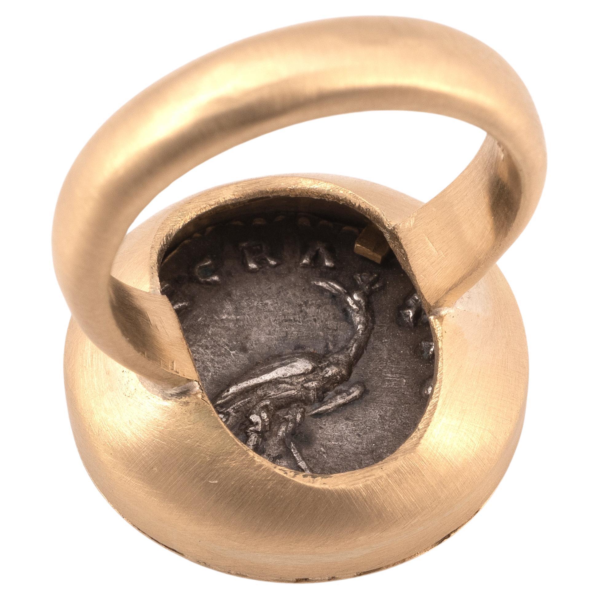 Classical Roman Roman Silver Denarius of Diva Faustina Senior 146 AD Gold Coin Men's Ring For Sale