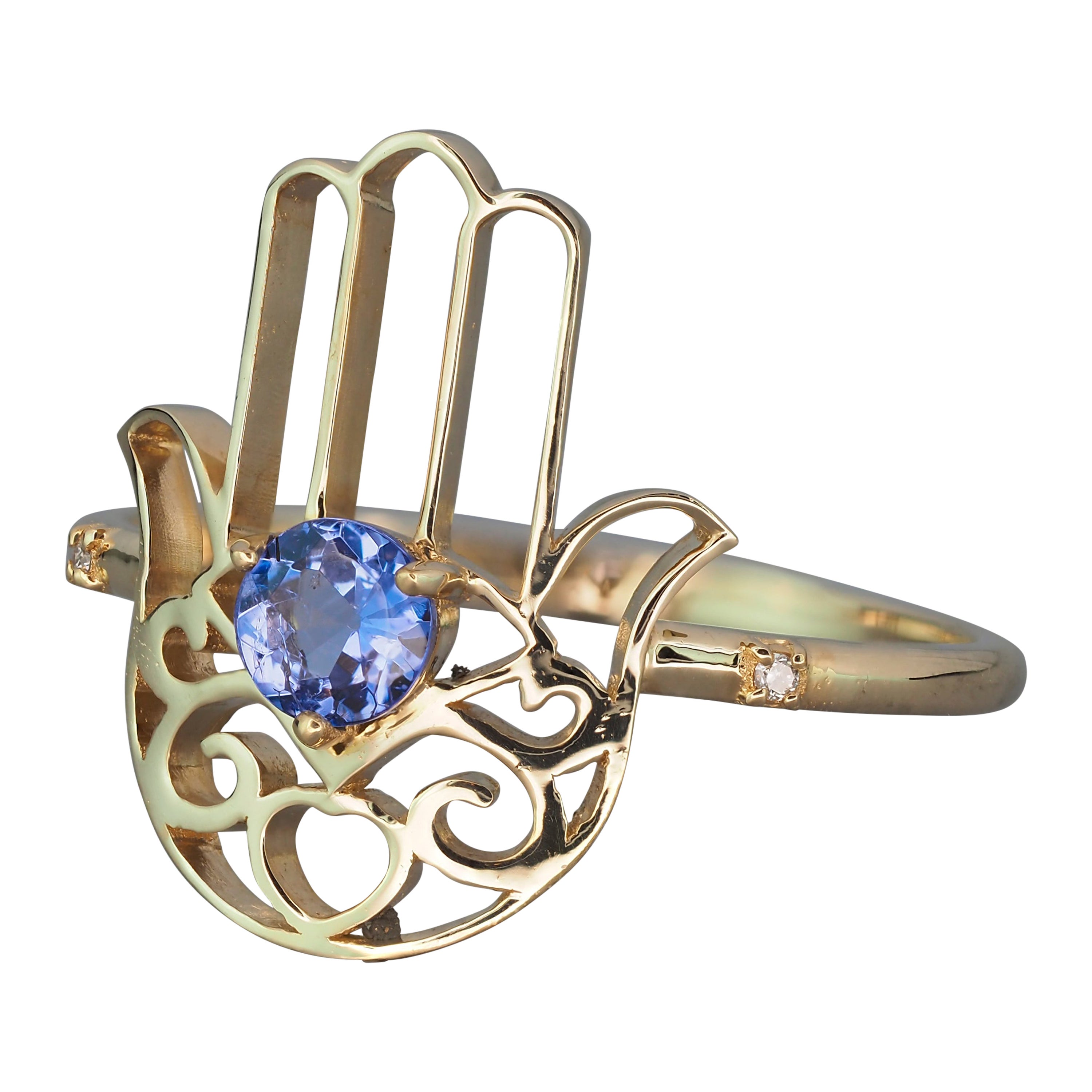 En venta: Anillo de Oro Mano "Hamsa" con Tanzanita en el Centro y Diamantes