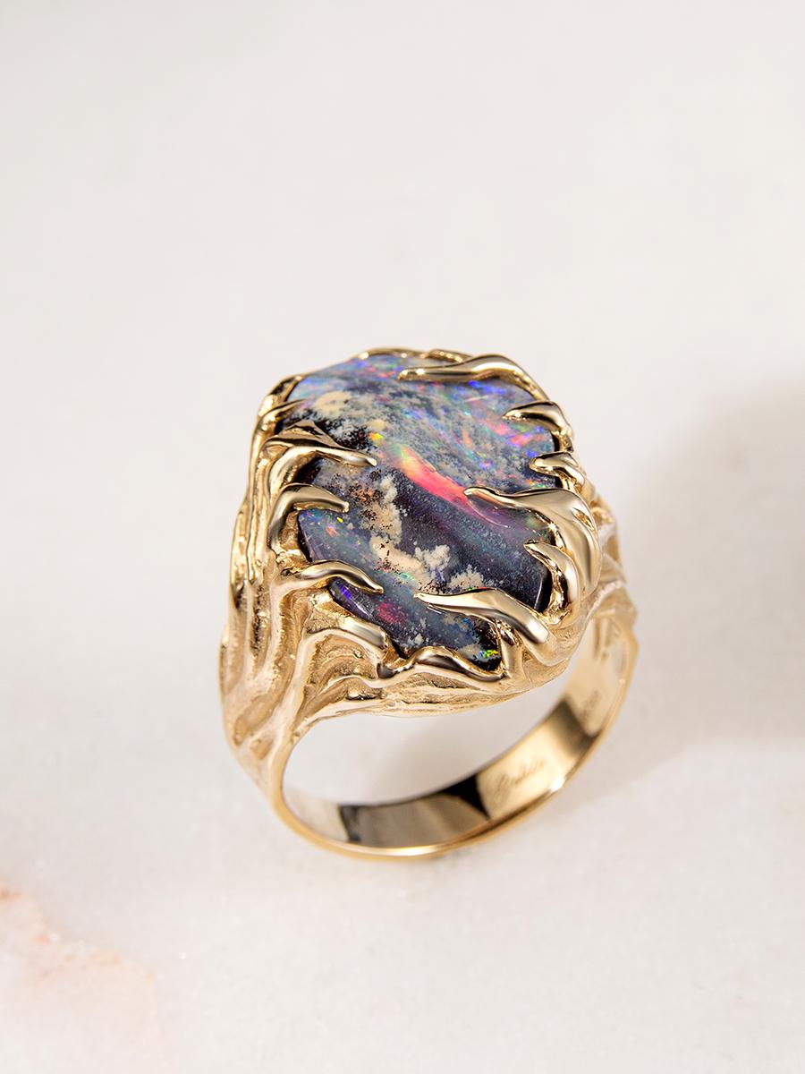 Gold Ring Opal Waves Boulder ring Gemstone Unisex Jewelry For Sale 6