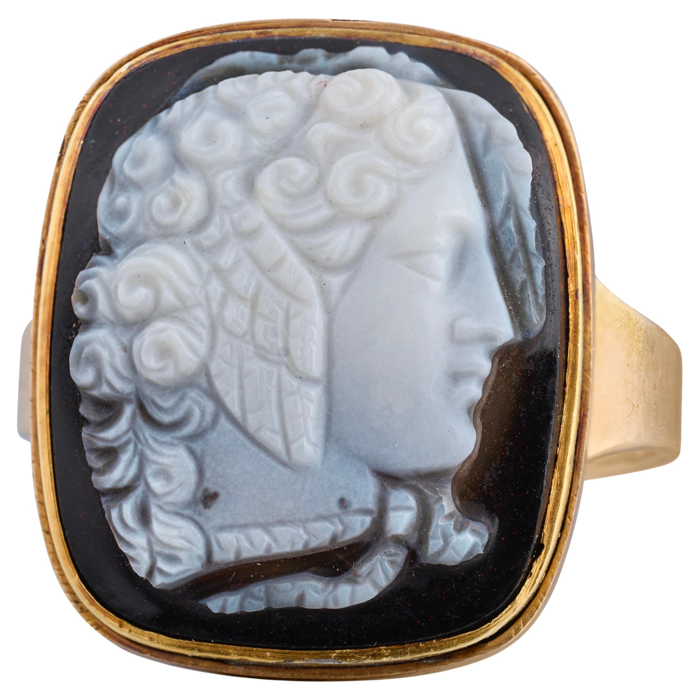 Gold Ring Set with a 19th Century Sardonyx Cameo of Medusa.