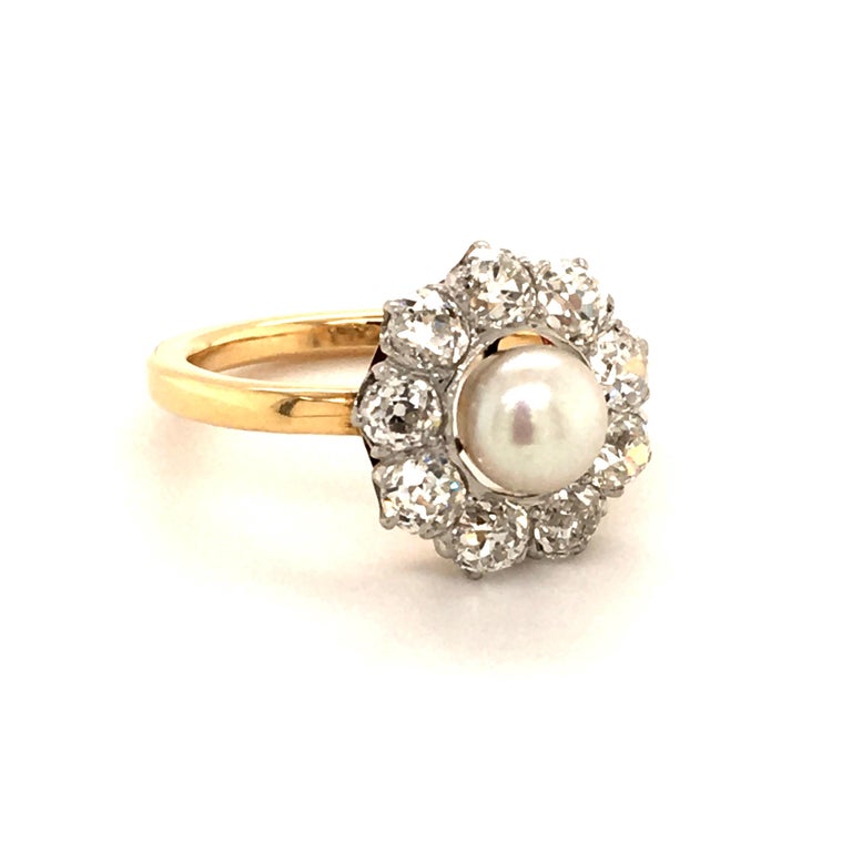 Gold Ring Set with a Natural Pearl Surrounded by Oldcut-Diamonds at 1stDibs