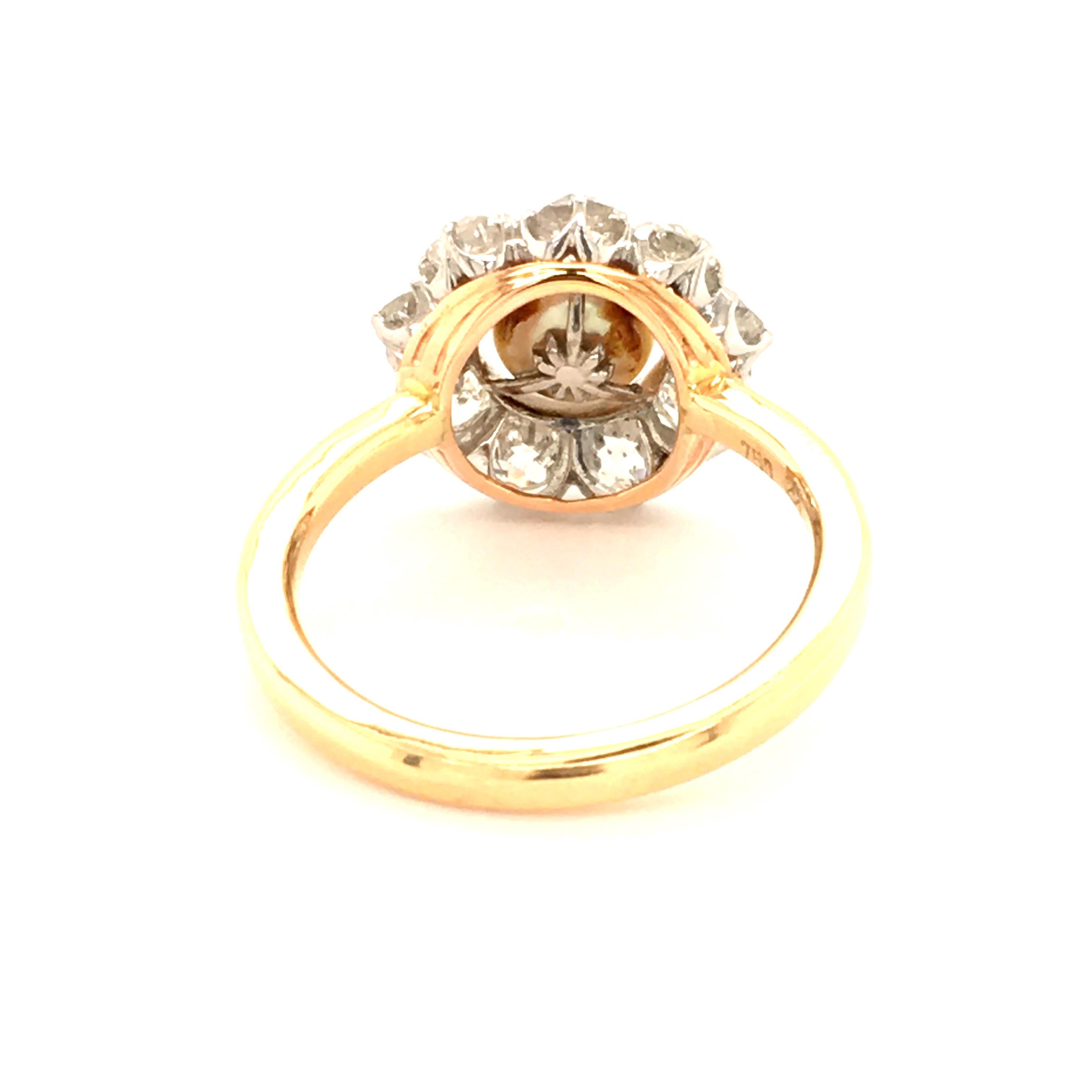 Artisan Gold Ring Set with a Natural Pearl Surrounded by Oldcut-Diamonds