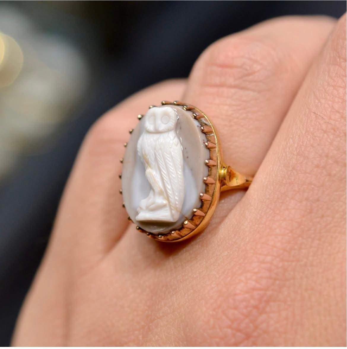 Gold Ring Set With An Agate Owl Cameo, Italian 17th century 3