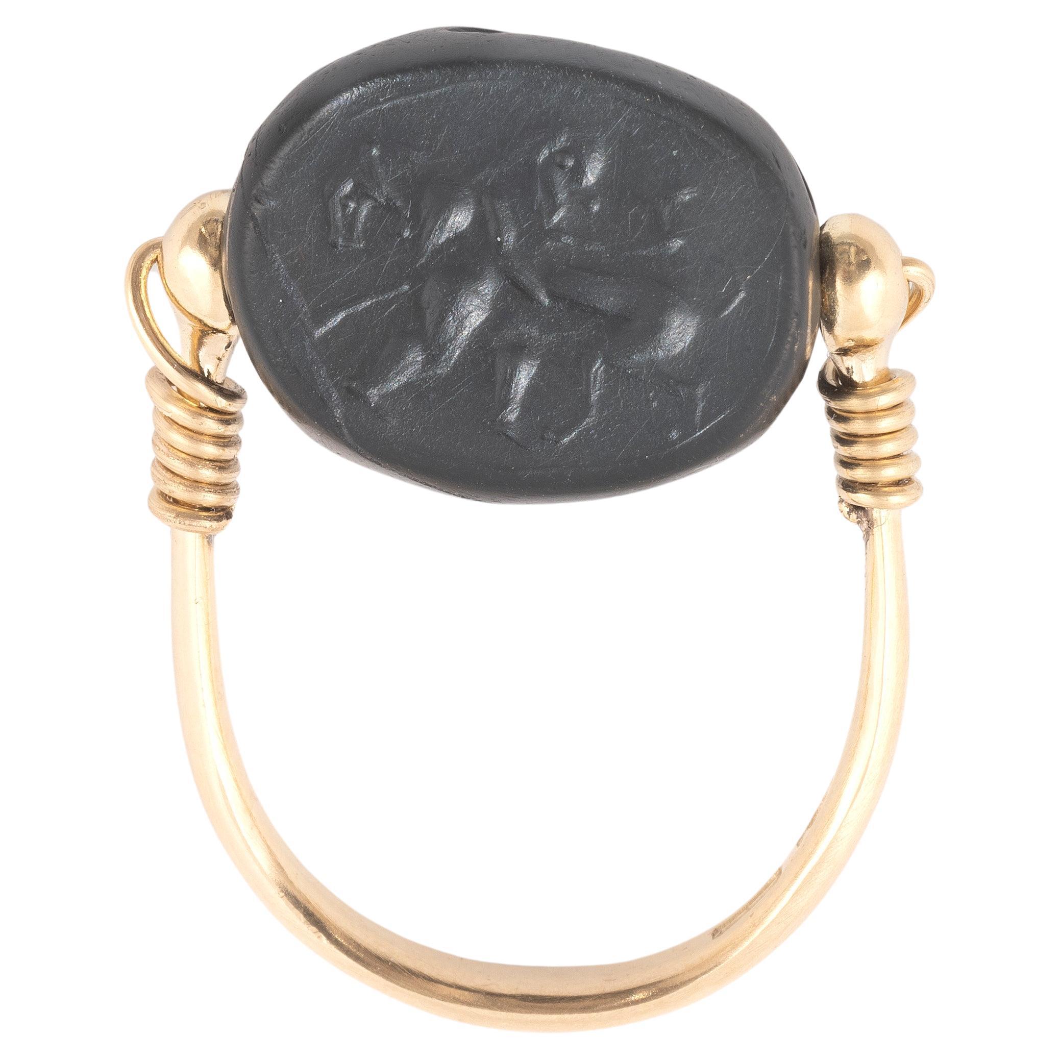 Uncut Gold Ring With An Etruscan Jasper Scarab Of A Sileno Against The Lion For Sale