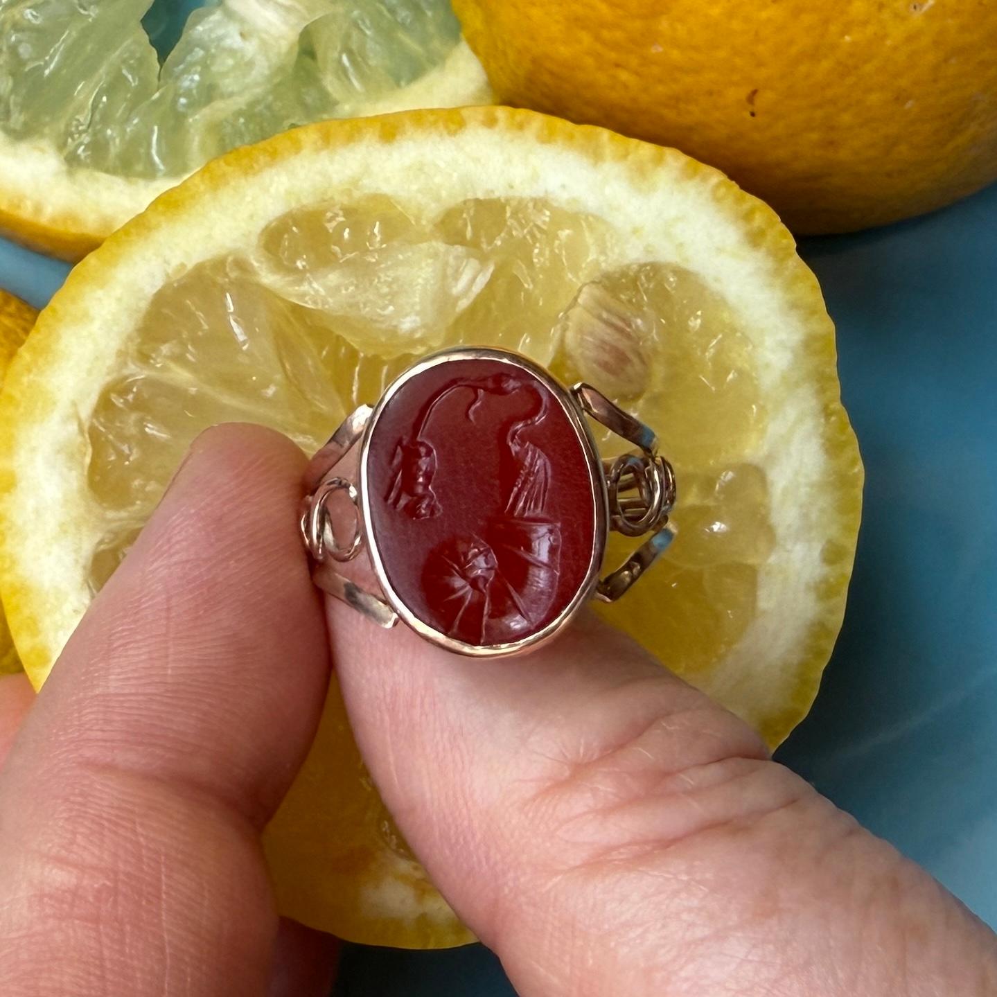 Gold ring with Ancient Roman intaglio of a stork, shell and mouse, 19th century For Sale 8