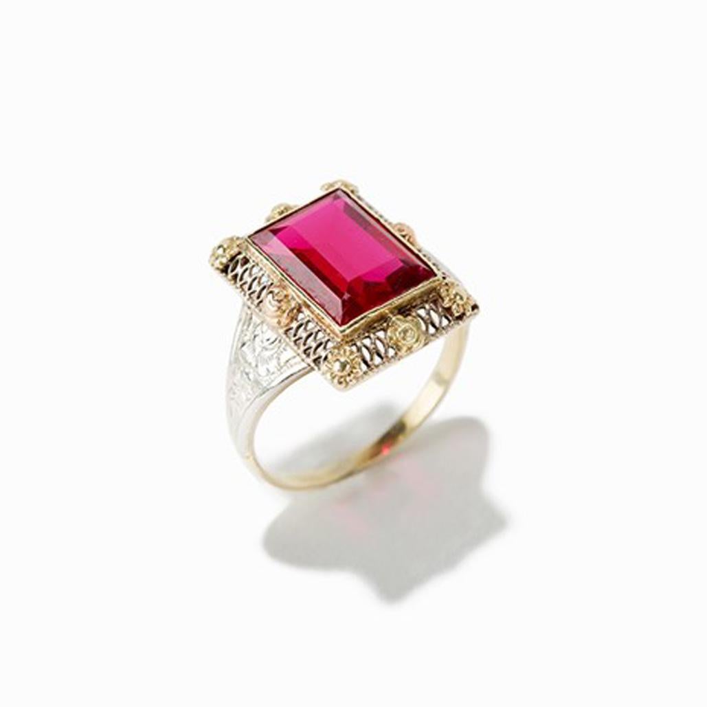 Baguette Cut Gold Ring with Baguette-Cut Spinel, 14 Carat, 1920s a Rare Stone Variety in Pink For Sale