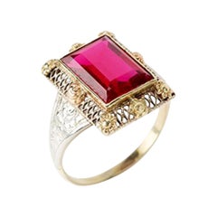 Gold Ring with Baguette-Cut Spinel, 14 Carat, 1920s a Rare Stone Variety in Pink