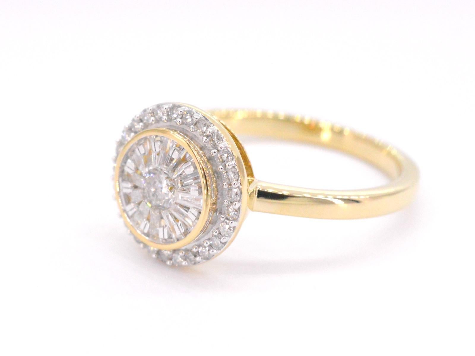 A yellow gold ring with brilliant and baguette cut diamonds in a round model is a stunning piece of jewelry that exudes luxury and sophistication. The brilliant and baguette cut diamonds are expertly arranged in a round model, creating a striking