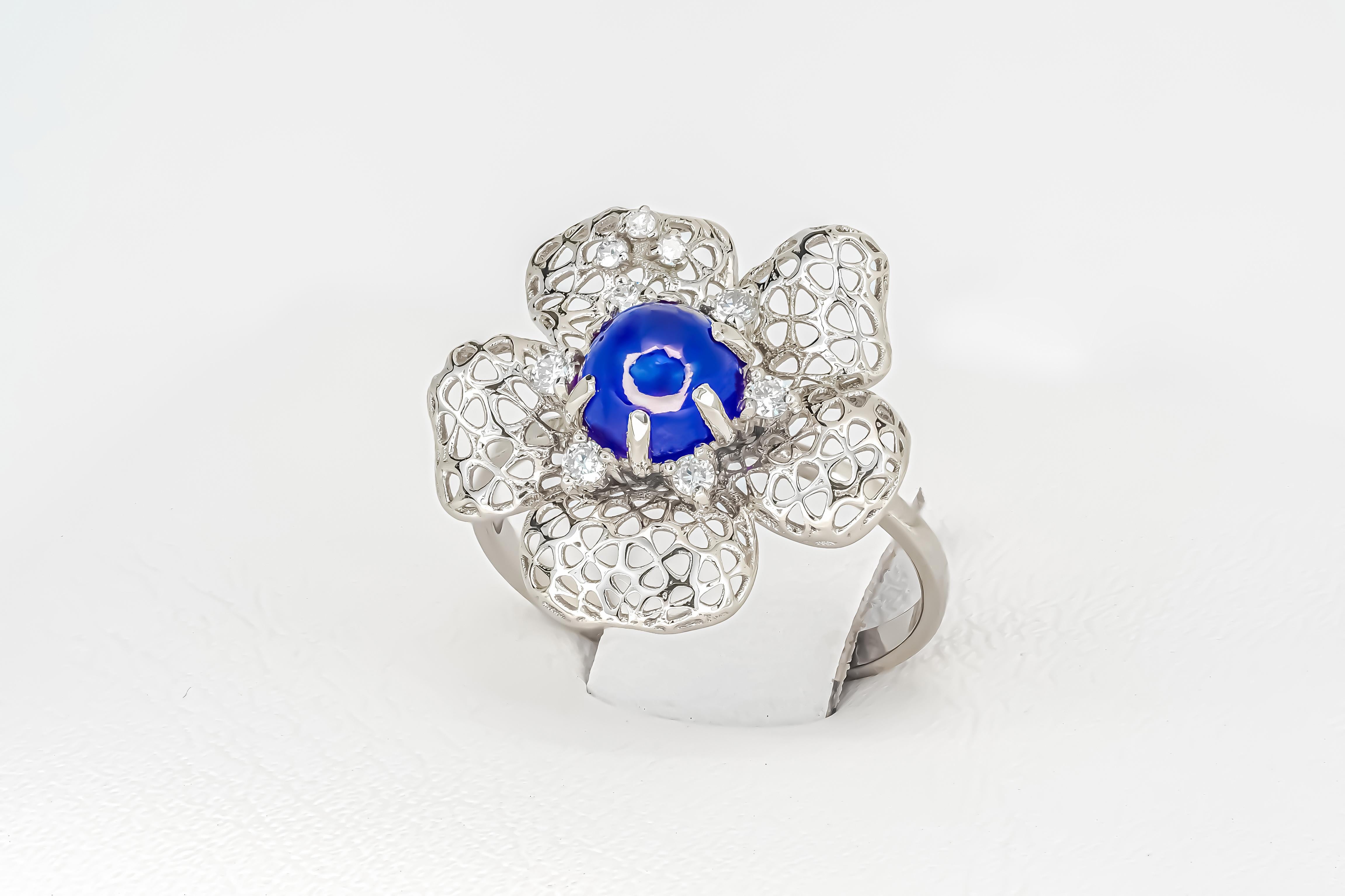 Flower 14k gold ring with sapphire cabochon For Sale 2