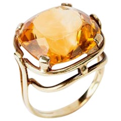 Antique Gold Ring with Cushion Cut Citrine, 14 Carat, 1920s