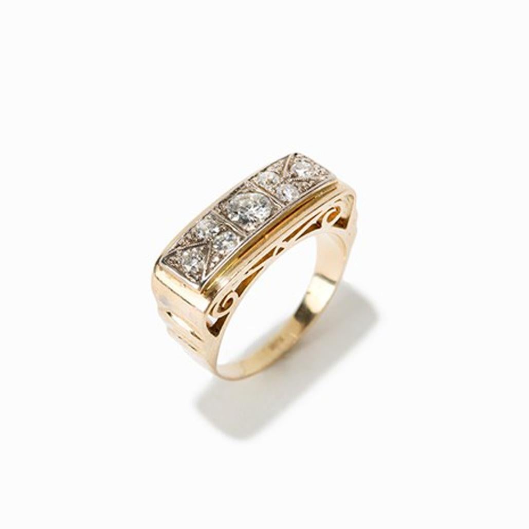 Gold ring with diamonds, 14 carat, Europe, 1930s 
14 carat gold
Europe, 1930s
1 brilliant of 0,2 ct
6 small diamonds of 0.1 ct each
Inside hallmark 