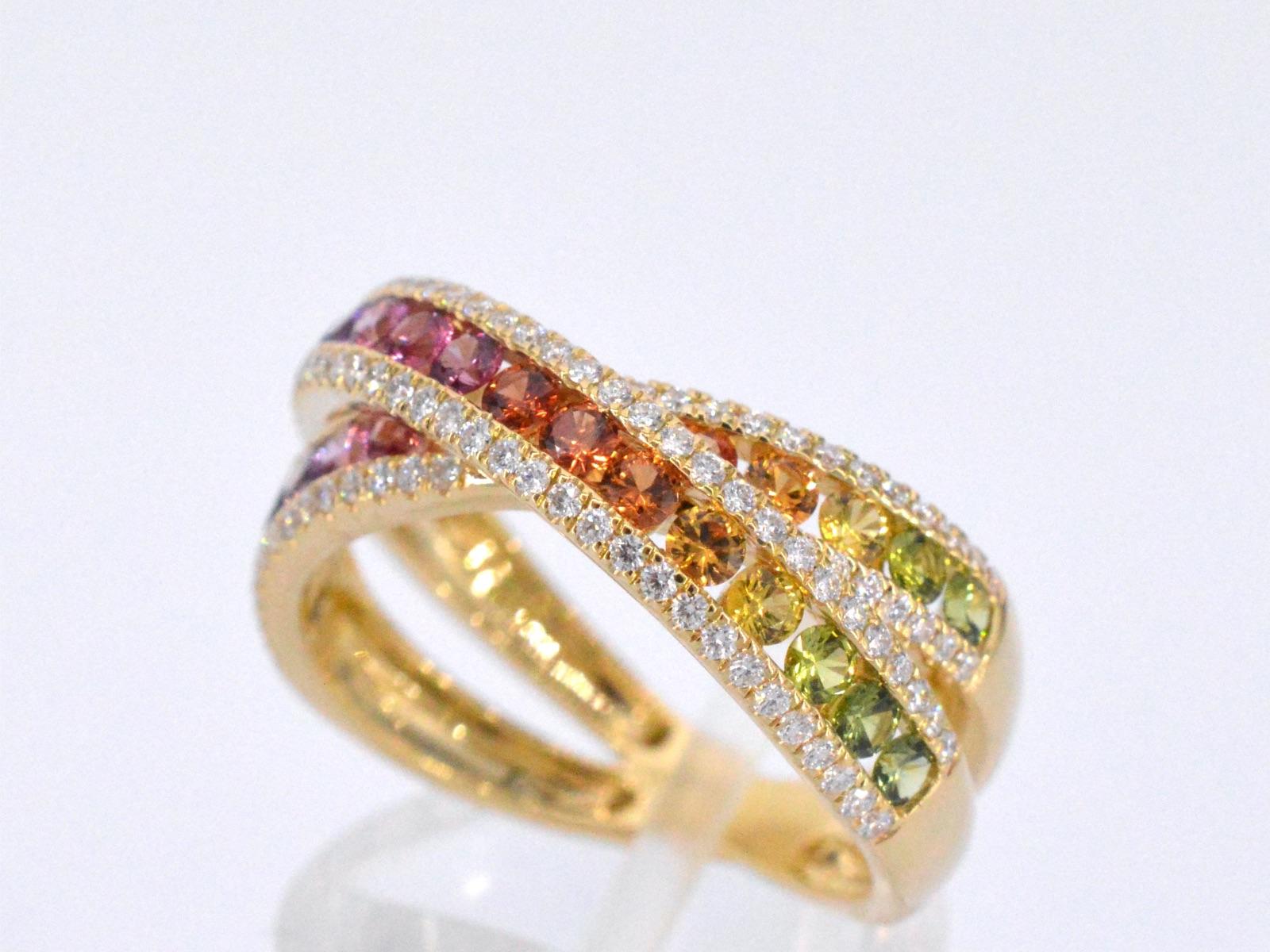 Brilliant Cut Gold ring with diamonds and multicolour sapphires For Sale