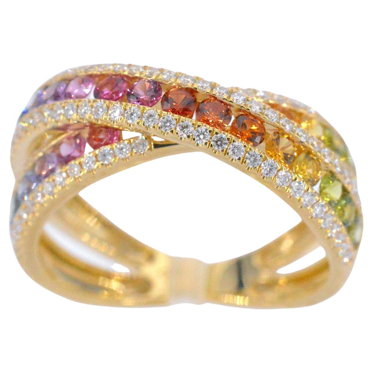 Gold ring with diamonds and multicolour sapphires For Sale