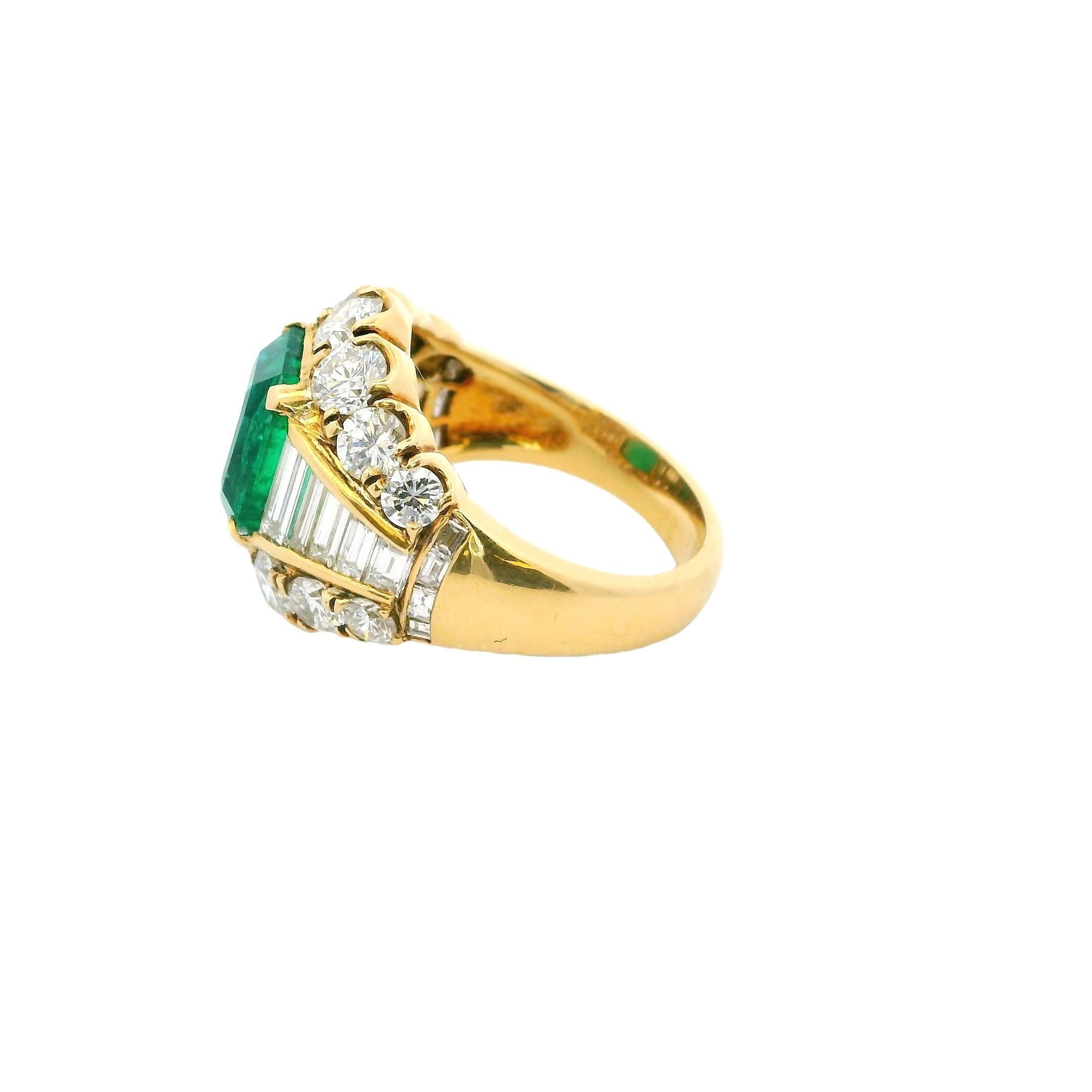 Emerald Cut Gold Ring with Emerald & Diamonds For Sale