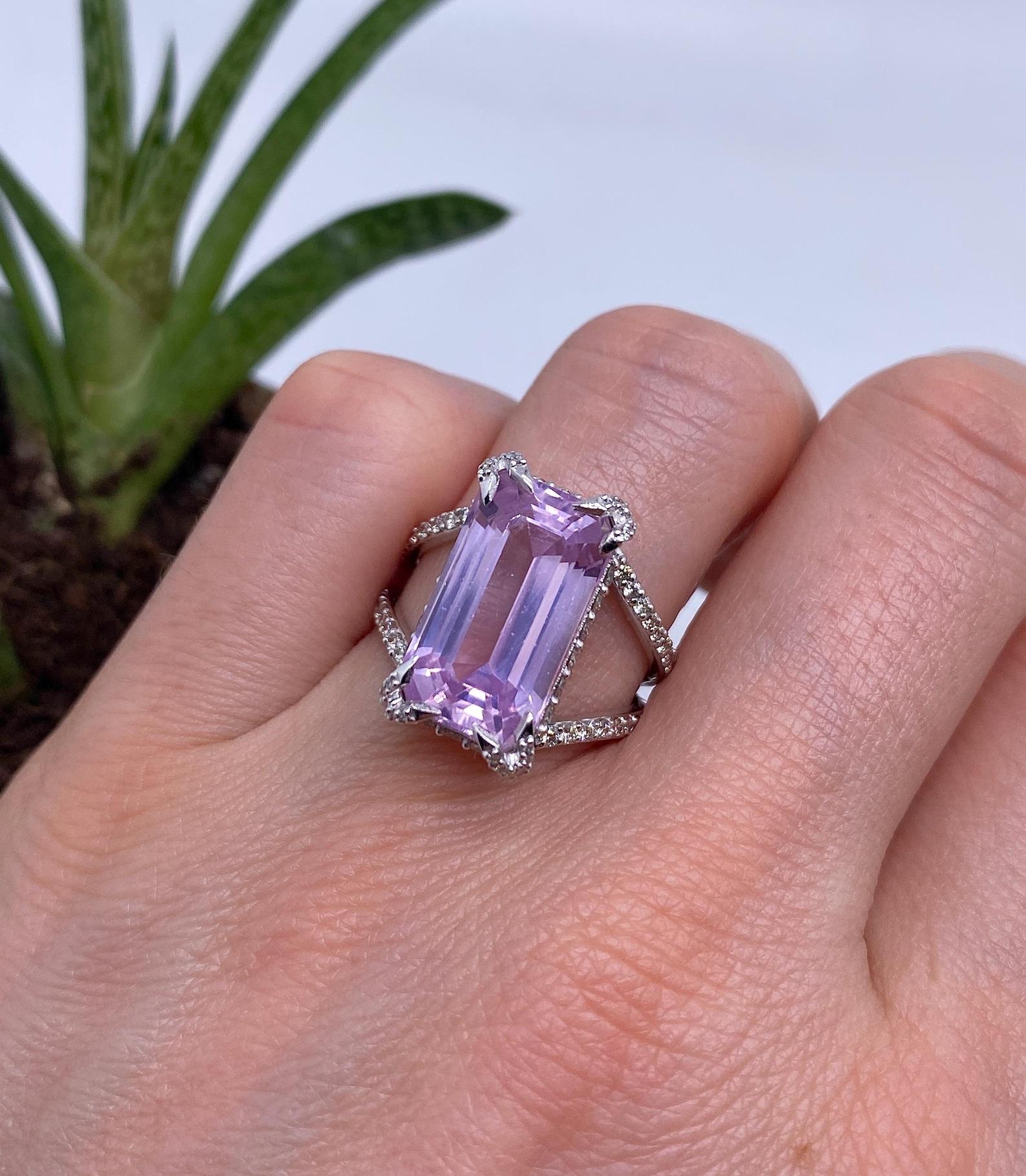 Natural Kunzite and Diamonds gems
Solid 14 Karat White Gold Ring

Laboratory full certificate for the ring.
Main Stone: Kunzite 9 ct
Main Stone Creation: Natural
Main Stone Color: Pink
Main Stone Origin: Pakistan
Main stone size: 15.6x8.9mm
Ring