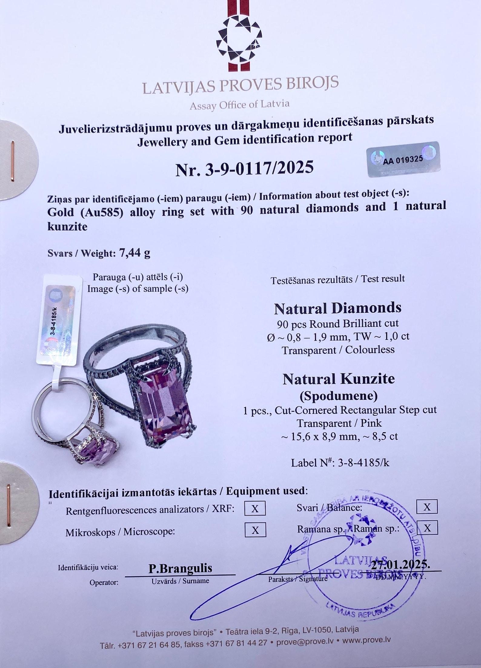 Gold Ring with Kunzite and Diamonds natural gems, 14Karat White Gold, Size 8US In New Condition For Sale In Daugavpils, LV