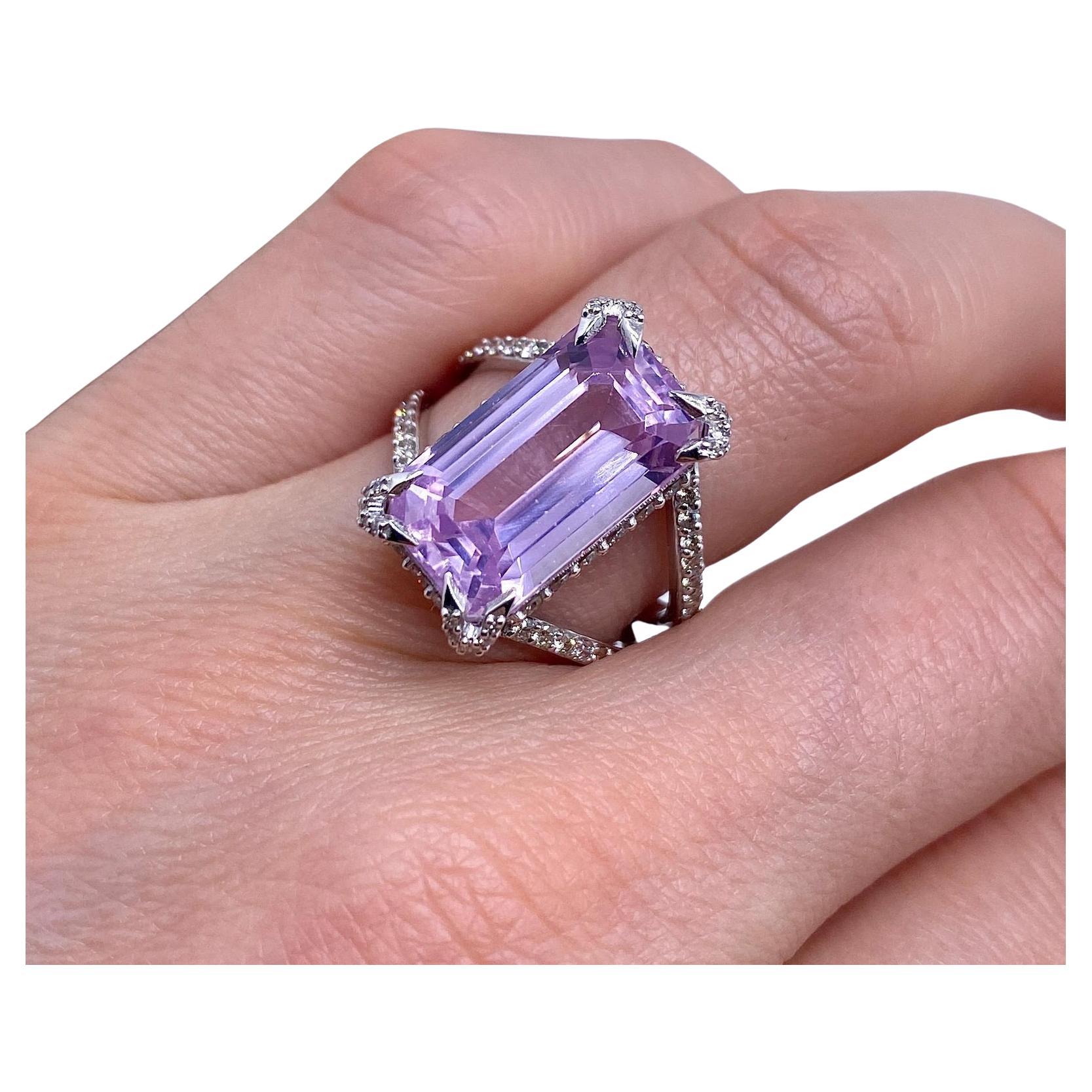Anillo de oro con gemas naturales kunzita y diamantes, oro blanco de 14 quilates, talla 8US