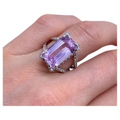 Anillo de oro con gemas naturales kunzita y diamantes, oro blanco de 14 quilates, talla 8US