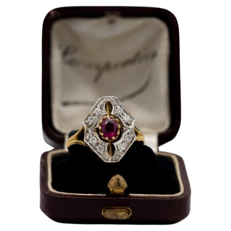 Gold ring with ruby and diamonds, mid 20th century. For Sale
