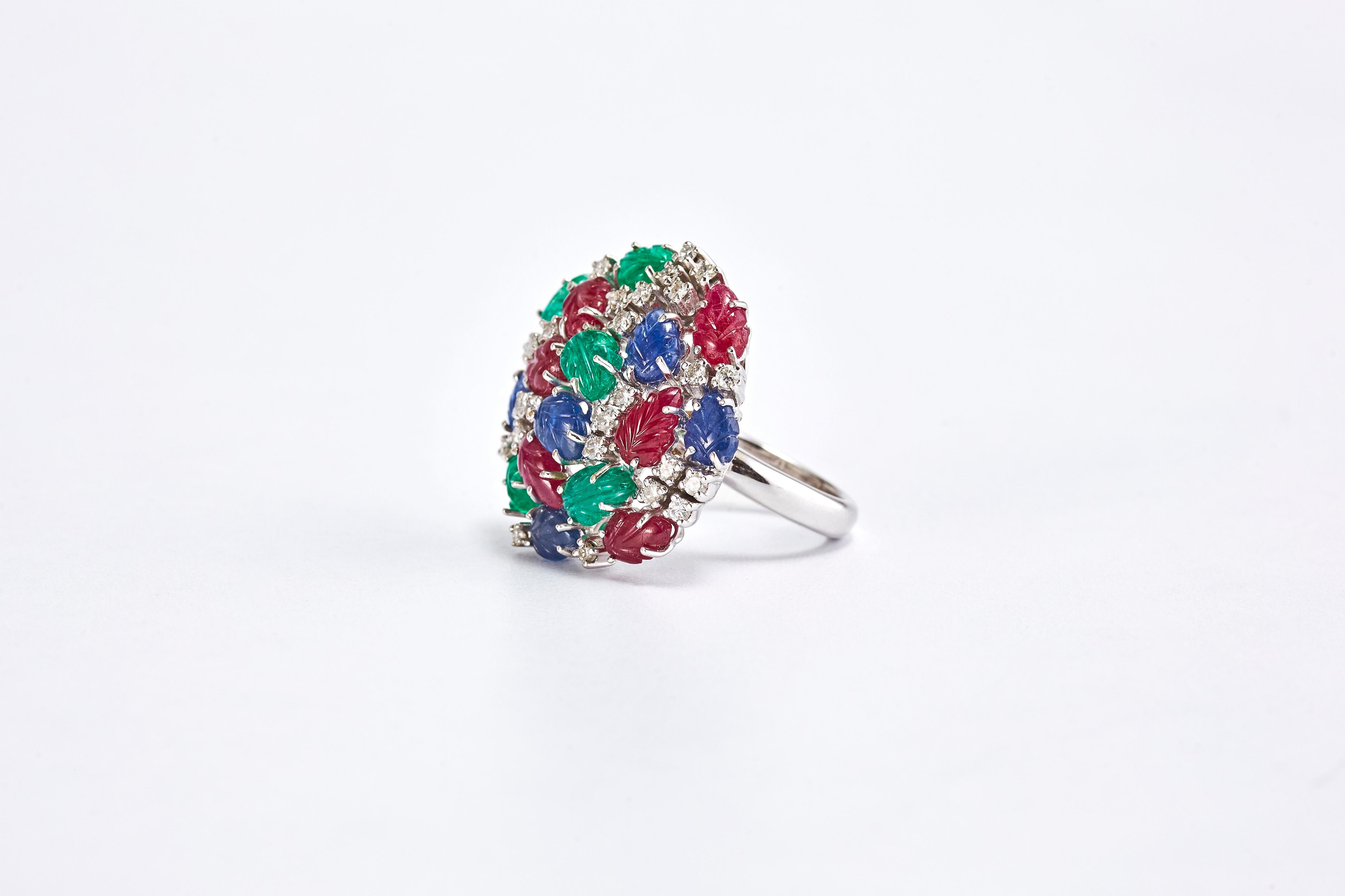 Round Cut Gold Ring with Ruby, Sapphire, Emerald and Diamonds For Sale