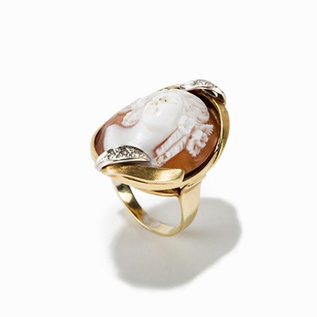 Old European Cut Gold Ring with Shell Cameo and Diamonds, Late 19th Century For Sale