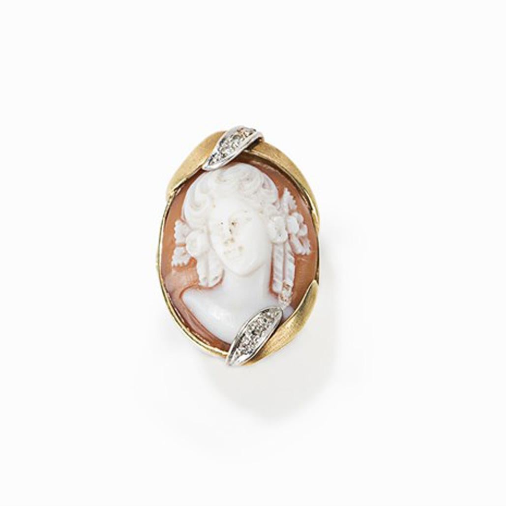 Women's Gold Ring with Shell Cameo and Diamonds, Late 19th Century