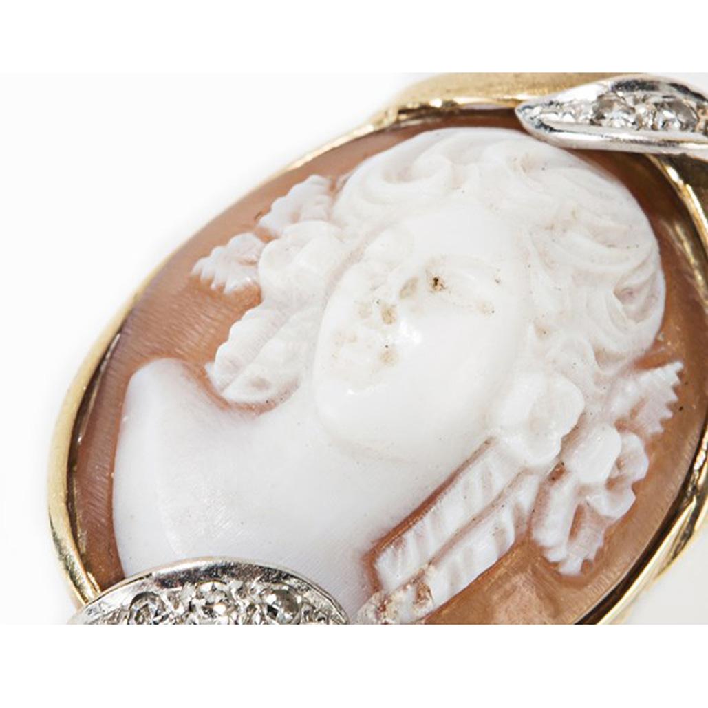 Women's Gold Ring with Shell Cameo and Diamonds, Late 19th Century For Sale