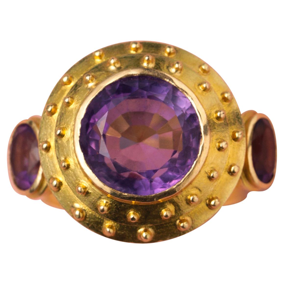 Gold Ring with Three Large Amethysts