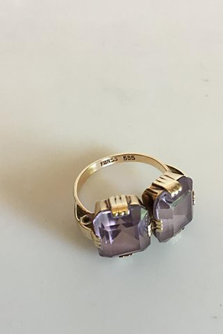 Modern Gold Ring with Two Amethysts, 14 Karat