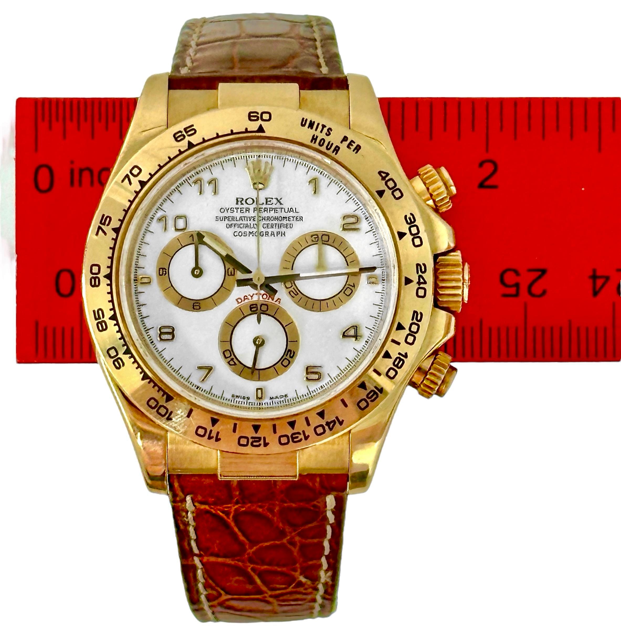 Gold Rolex Cosmograph Daytona with White Dial on Crocodile Strap For Sale 2