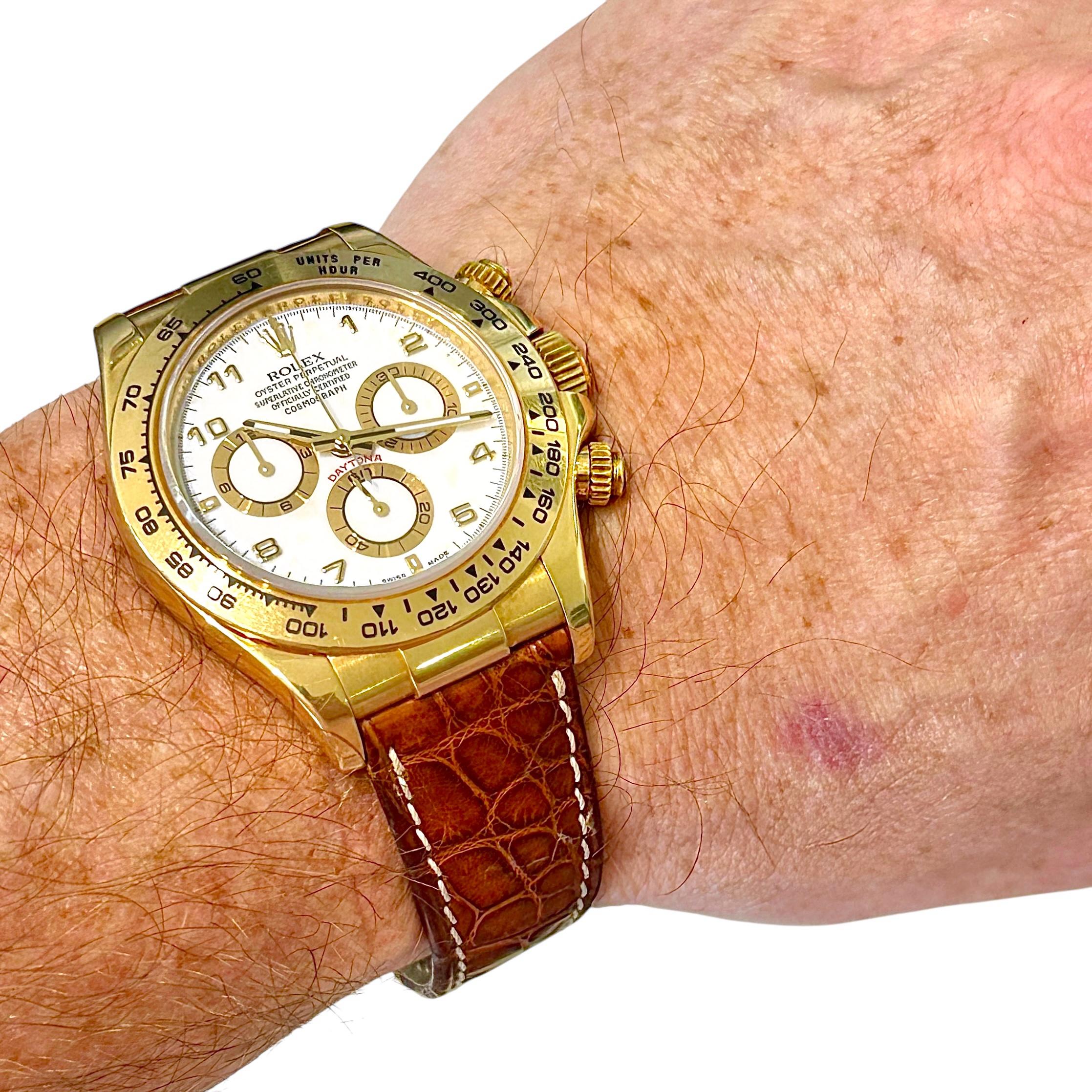 Gold Rolex Cosmograph Daytona with White Dial on Crocodile Strap For Sale 3