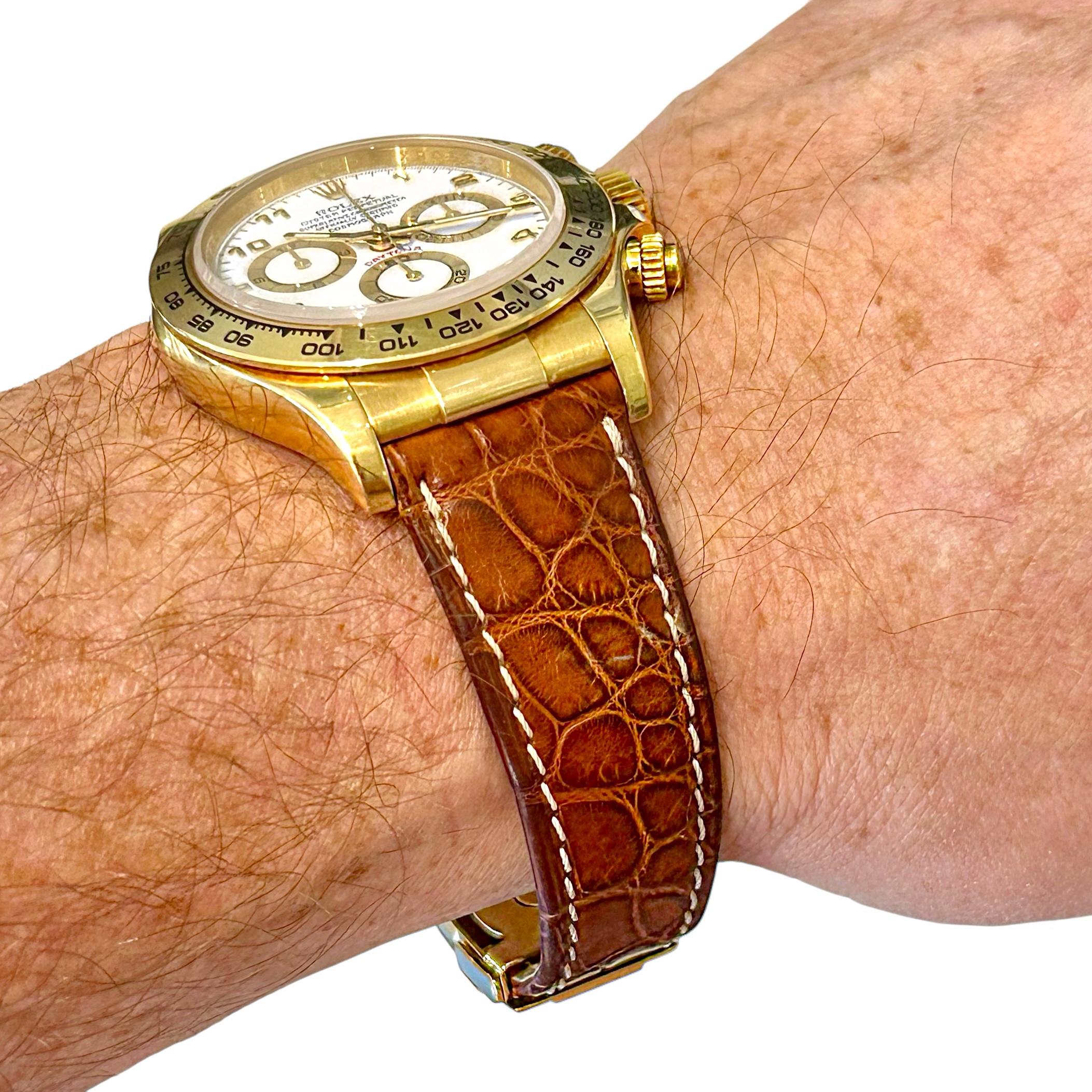 Gold Rolex Cosmograph Daytona with White Dial on Crocodile Strap For Sale 4