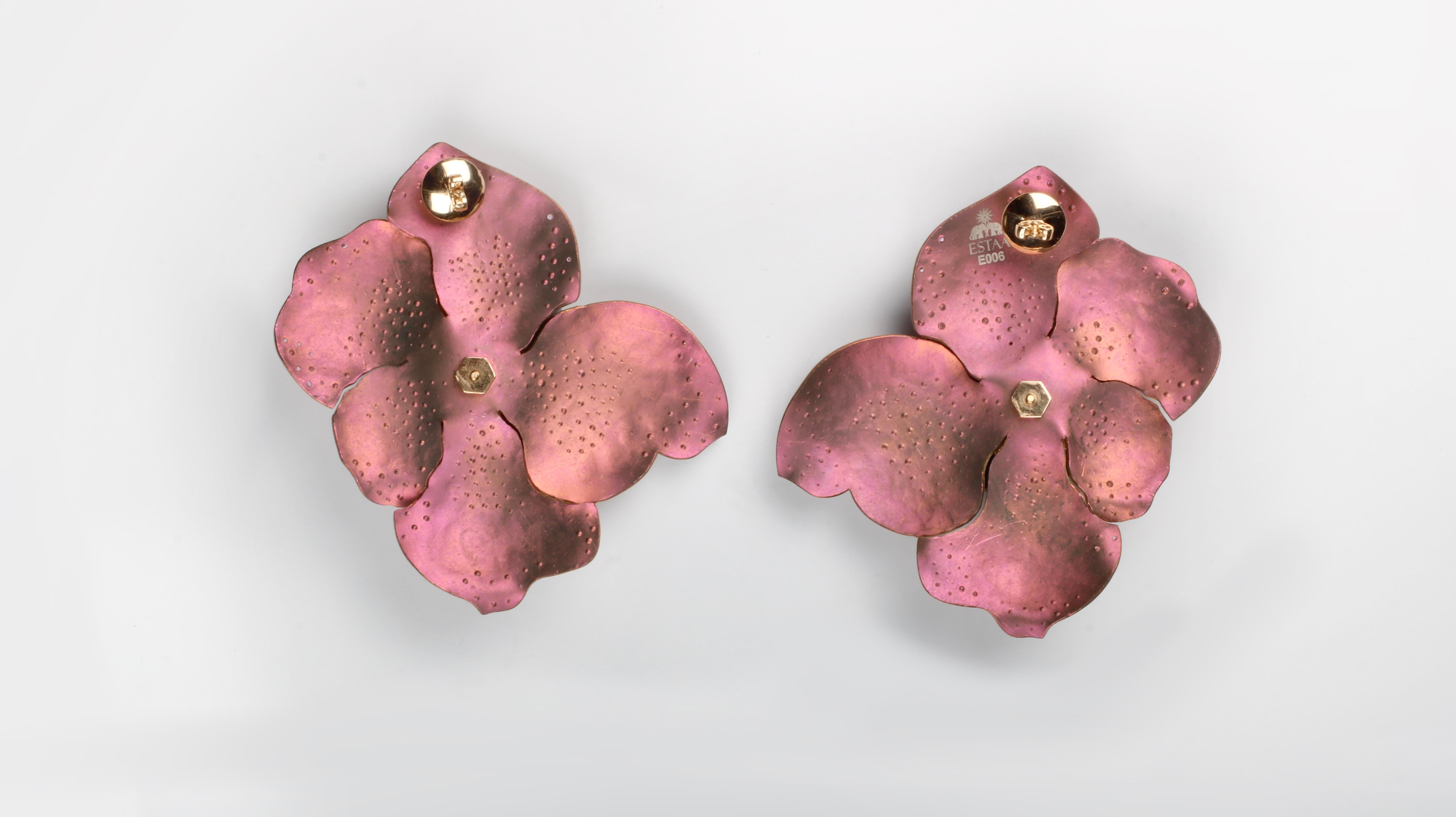 HANDCRAFTED GOLD ROSE TITANIUM EARRINGS WITH 18KT GOLD.
18kt Gold Backs. 
3.76 carats of Diamonds
6.48 carats of Pink Tourmalines
4.46 carats of Pink Sapphires
