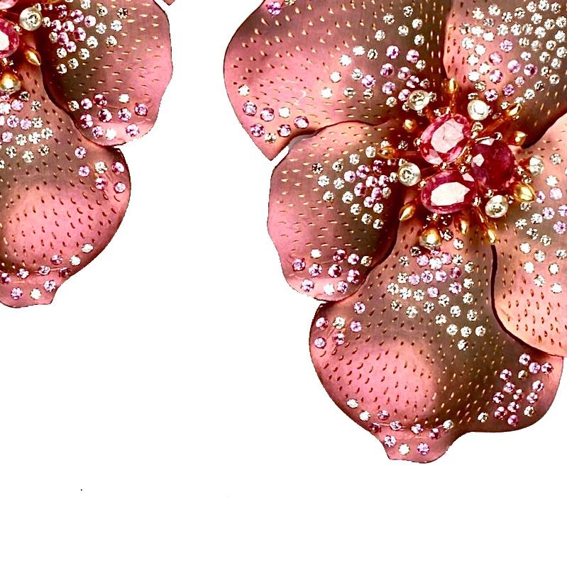 Modern Gold Rose Titanium Earrings with Pink Tourmalines, Diamonds and Pink Sapphires For Sale