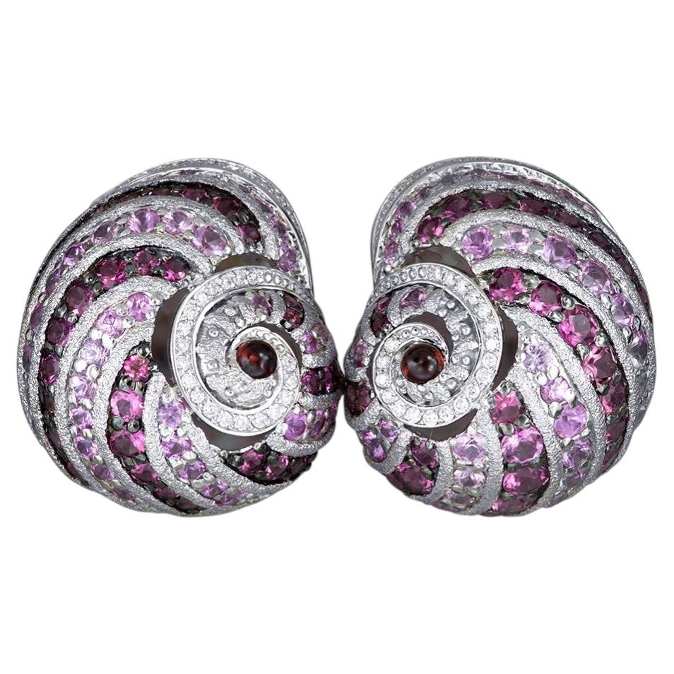 Gold Rosy The Snail Earrings with Tourmaline, Garnet & Diamonds by Alex Soldier For Sale