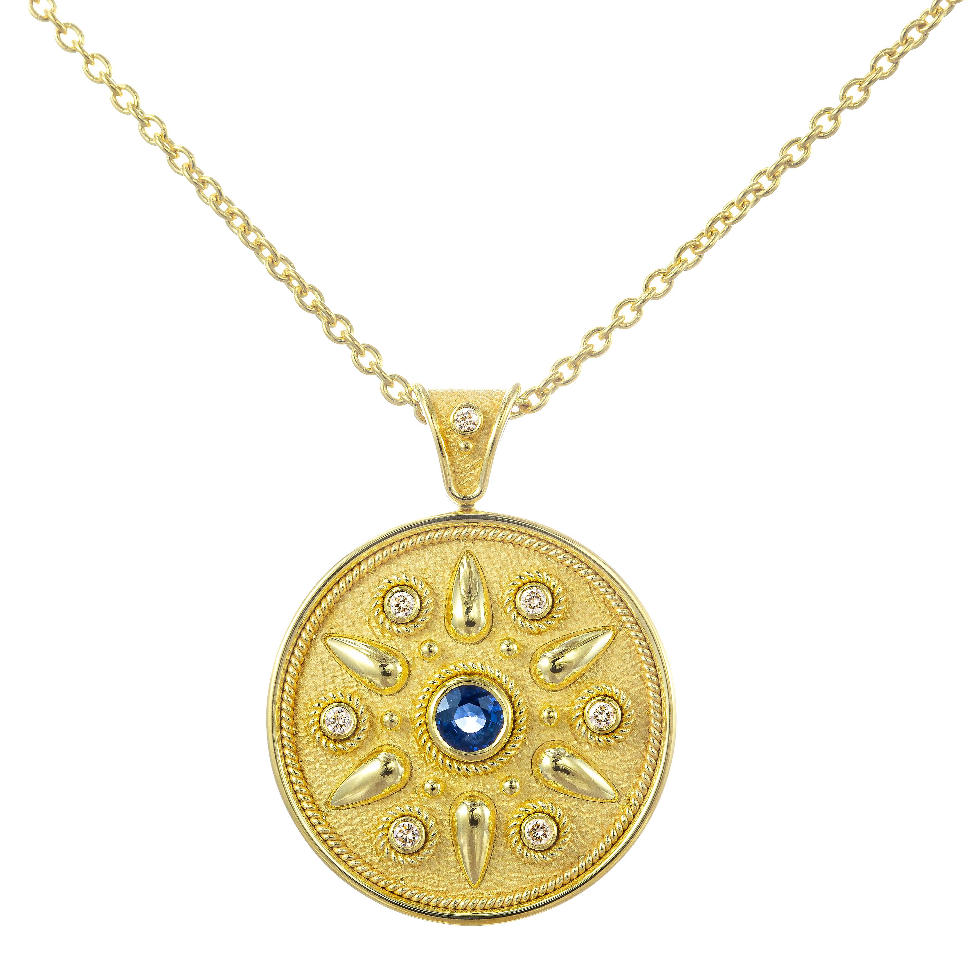Byzantine Gold Round Pendant with Sapphire and Diamonds For Sale