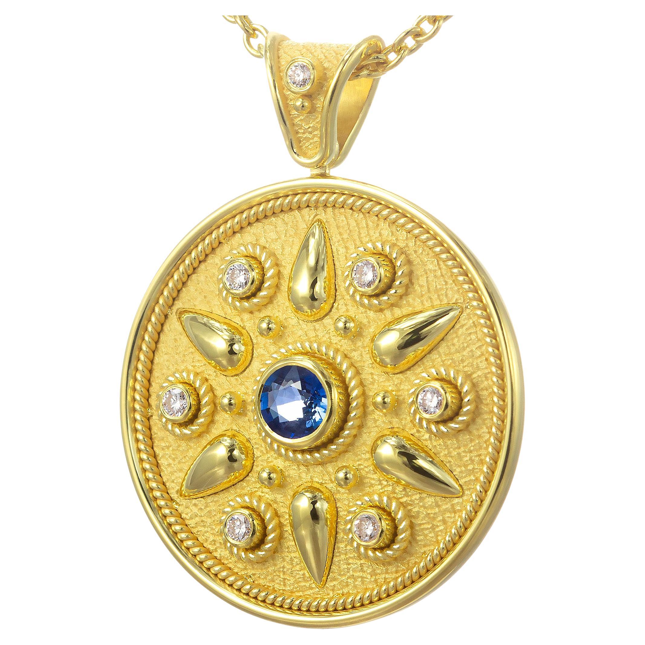 Gold Round Pendant with Sapphire and Diamonds