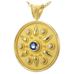 Gold Round Pendant with Sapphire and Diamonds