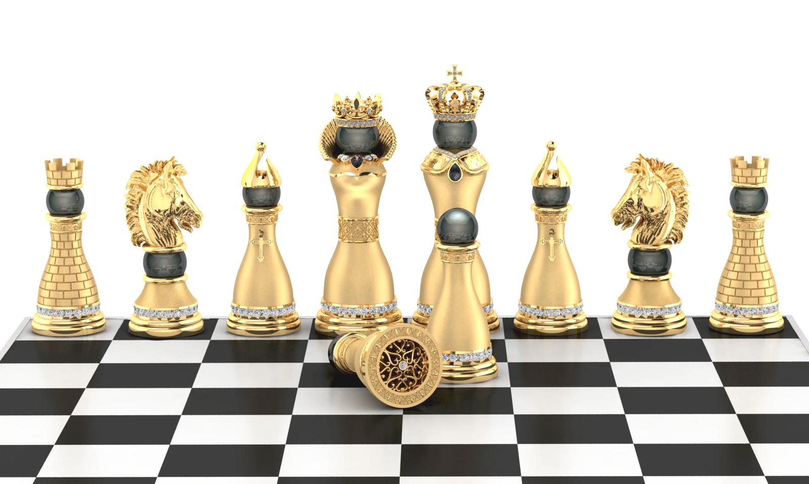 The Gold Royale chess set is handcrafted in solid 18K yellow gold and set with over 35 carats of the world's finest diamonds. This unique chess set radiates pure opulence through the finest quality materials design and workmanship. Crafted by renown