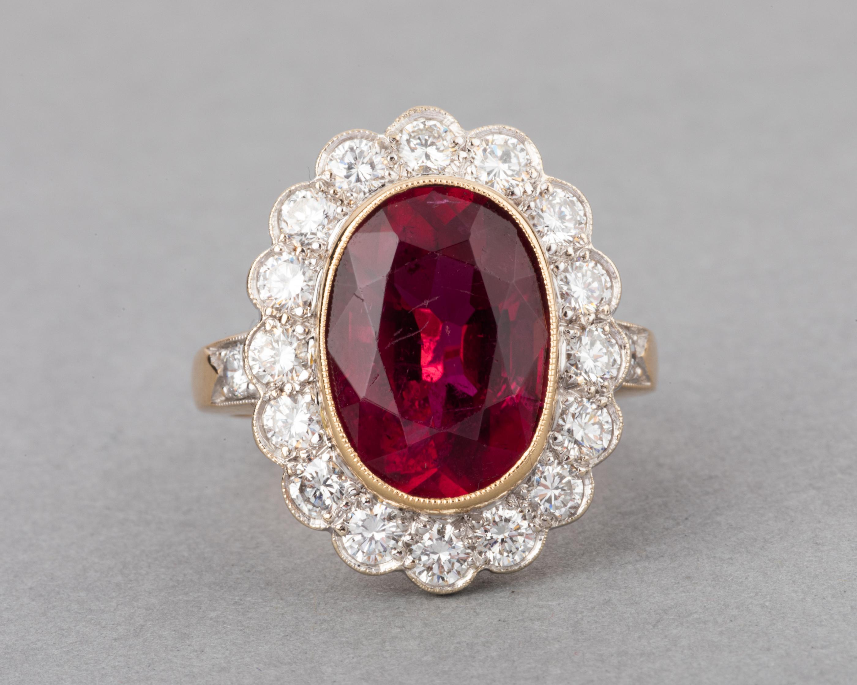 Women's Gold Rubelite and 1.50 Carats Diamonds French Vintage Ring